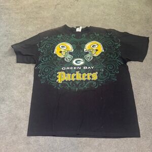 NFL Team Apparel Green Bay Packers T-Shirt Mens XL Black Filigree Graphic‎ Tee